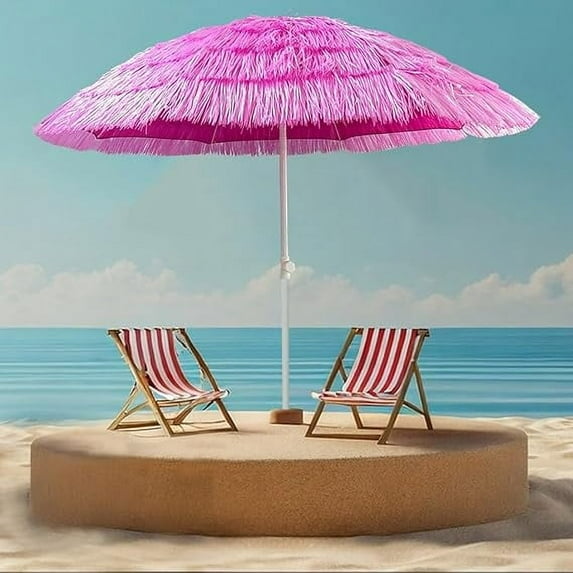Pink Outdoor Umbrella 6' Large Beach Umbrella Imitation Straw Patio Umbrella With Tilt & Adjustable Height, For Garden Lawn Deck Backyard Pool