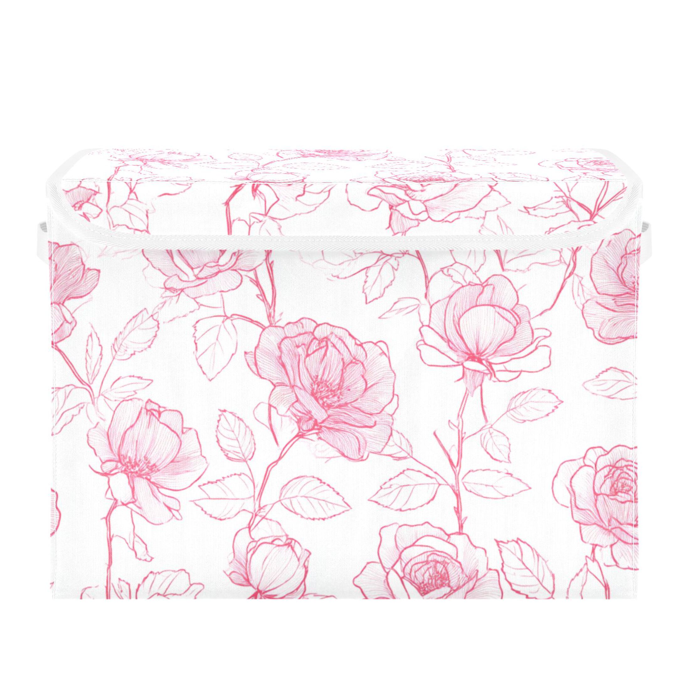 Pink Outline Roses Valentine Foldable Storage Bins with Lids Handles ...