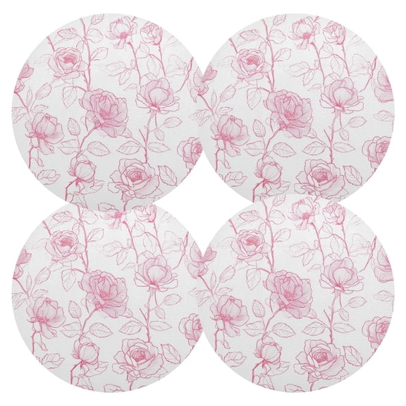 Pink Outline Roses Valentine PVC Round Grid Placemat Table Mat Set 4 Pcs 15.4" x 15.4"