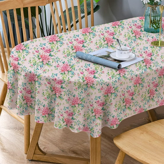 Pink Oval Tablecloth, Floral Oval Tablecloth, Pink Flowers Print Table Cloth, Spring Summer Waterproof Wrinkle Free Tablecloth for Oval Tables 60 X 102 Inch