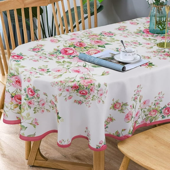 Pink Oval Tablecloth, Floral Oval Tablecloth, Pink Flowers Print Table Cloth, Spring Summer Waterproof Wrinkle Free Tablecloth for Oval Tables 60 X 120 Inch
