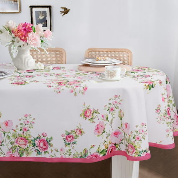 Pink Oval Tablecloth, Floral Oval Tablecloth, Pink Flowers Print Table Cloth, Spring Summer Waterproof Wrinkle Free Tablecloth for Oval Tables 60 X 120 Inch