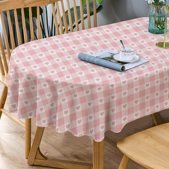 Pink Oval Tablecloth, Pink Oval Checkered Plaid Gingham Tablecloth, Pink Heart Print Table Cloth, Summer Waterproof Wrinkle Free Tablecloth for Oval Tables 60 X 84Inch