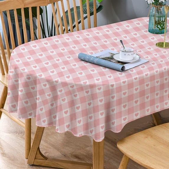 Pink Oval Tablecloth, Pink Oval Checkered Plaid Gingham Tablecloth, Pink Heart Print Table Cloth, Summer Waterproof Wrinkle Free Tablecloth for Oval Tables 60 X 84Inch