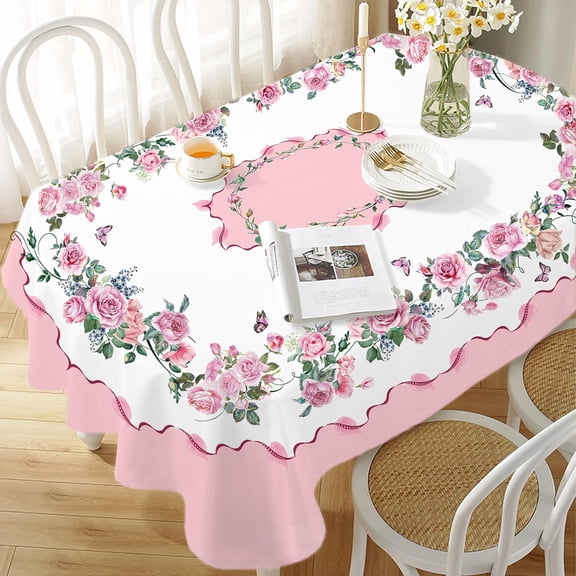 Pink Oval Tablecloth, Rose Flower Printed Tablecloth, Spring Summer Waterproof Floral Tablecloth 60x84inch, Suitable for Indoor and Outdoor, Holiday Kitchen Restaurant and Party
