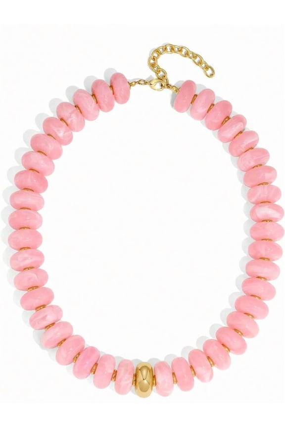 Pink Oversized Oval Bead Necklace Bohemian Statement Beaded Chain For Women