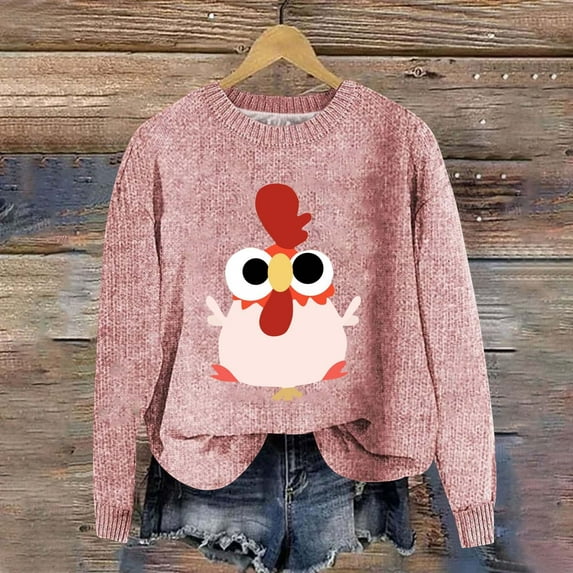 Pink Oversized Sweatshirts for Women Cute Little Turkey Graphic Long Sleeve Knit Sweater Funny Novelty Thanksgiving Sweatshirt Fall Trendy Outfits