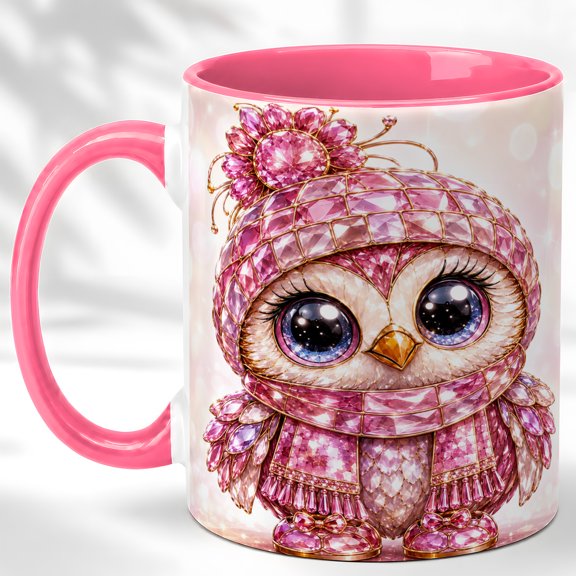 Pink Owl Coffee Mug, Jeweled Owl Mug, Ceramic 11 oz