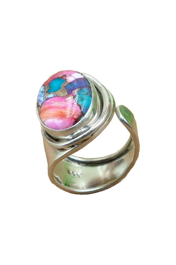 Pink Oyster Turquoise Stone 925 Sterling Silver Adjustable Statement Ring Gift Jewelry