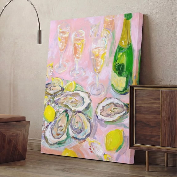 Pink Oyster and Champagne Print, Preppy Kitchen Wall Art, Colorful Bar Cart Decor, Seafood , Trendy Food Illustration, Unframed Paper Poster 8x10in