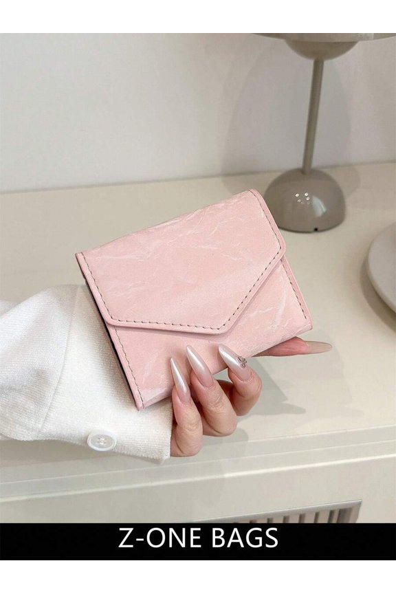 Pink PU Leather Envelope-Style Mini Bifold Wallet Compact Size