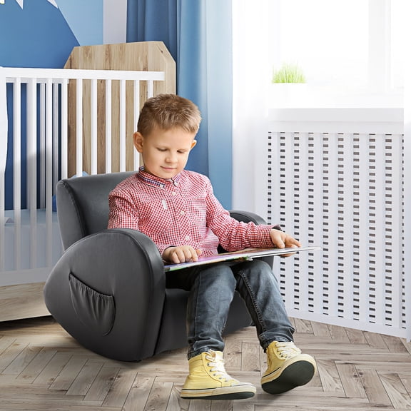 Pink PU Leather Kids Sofa Rocking Chair with Side Pocket, Toddler Armchair for Children Grey, Comfortable Rocking Couch for Reading and Relaxation