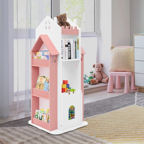 3 Tier Rotating Castle Bookshelf,360° Spinning Creative Castle Bookcase,Floor Standing Book Storage Organizer for Children's Room (Pink)