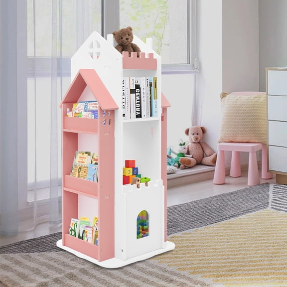 3 Tier Rotating Castle Bookshelf,360° Spinning Creative Castle Bookcase,Floor Standing Book Storage Organizer for Children's Room (Pink)