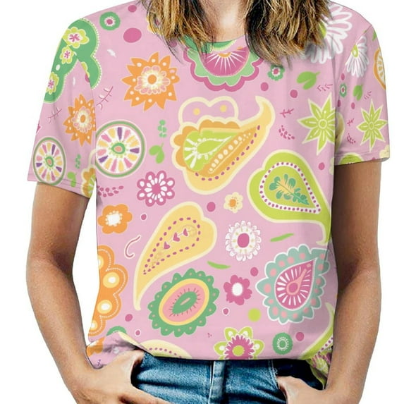 Pink Paisley Floral Pattern Background Design Women's T-Shirt Short Sleeve T Shirts Tops Tee Ladies Loose T