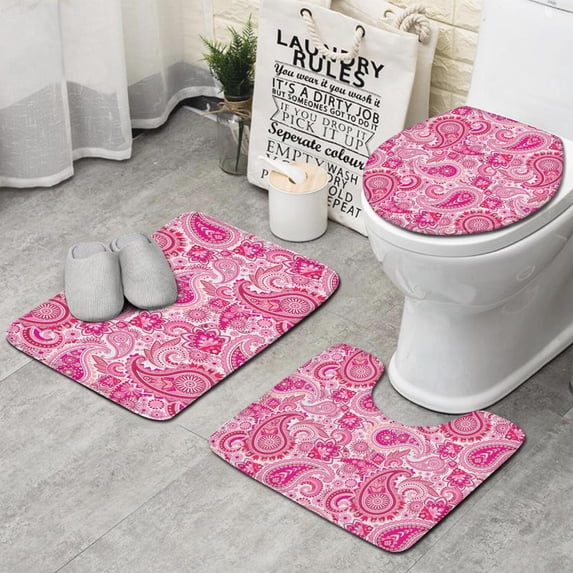 Pink Paisley and Floral Pattern Bathroom Rugs Sets 3 Piece,Toilet Cover Set,Absorbent Non Slip Bathroom Mats Sets with U-Shaped Contour Rug Toilet Rug Set