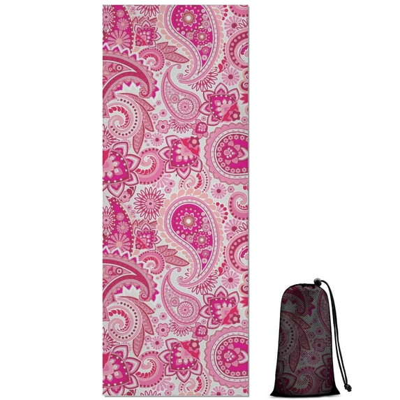 Pink Paisley and Floral Pattern Hot Yoga Mat Towel Non Slip for Hot Yoga - Quick-Drying Yoga Mat Cover with 4 Corner Pockets with Travel Bag - Hot Yoga Towel Non Slip 74"x26"