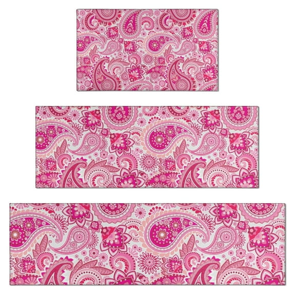Pink Paisley and Floral Pattern Kitchen Rugs Sets Of 3,Kitchen Runner Rugs Non Skid Washable,Decorative Kitchen Floor Mats for Kitchen,Sink,Laundry,17"x30"+ 17"x47" + 17"x59"