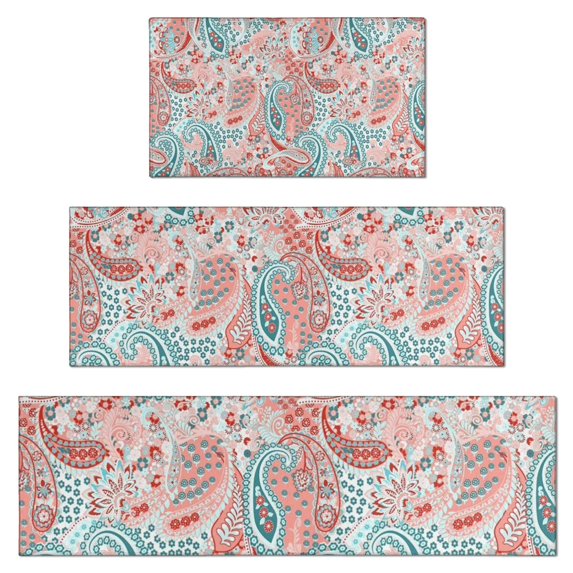 Pink Paisley and Floral Pattern Kitchen Rugs Sets Of 3,Kitchen Runner Rugs Non Skid Washable,Decorative Kitchen Floor Mats for Kitchen,Sink,Laundry,17"x30"+ 17"x47" + 17"x59"