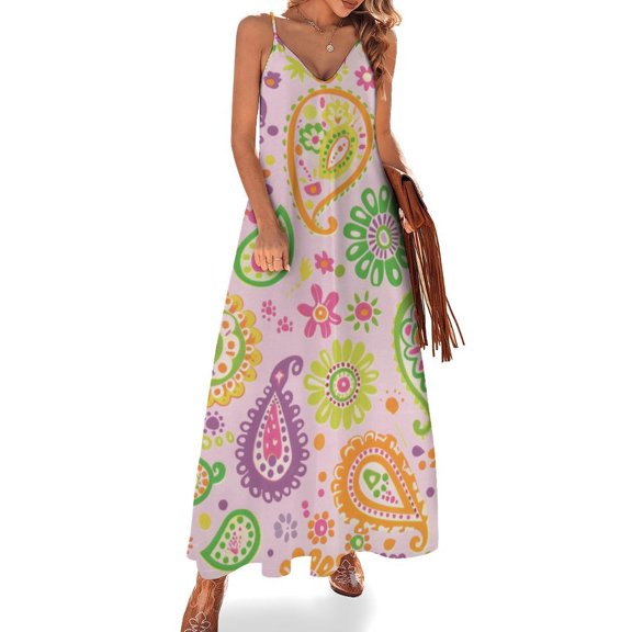 Pink Paisley Floral Vibrant Pattern Design Fine Art Sleeveless Dress Summer Dress Woman 2025