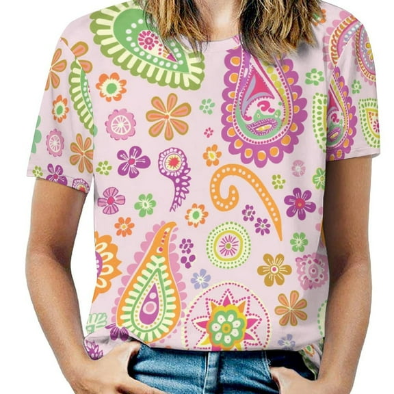 Pink Paisley Floral Vibrant Pattern Design Women's T-Shirt Short Sleeve T Shirts Tops Tee Ladies Loose T