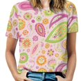 thumbnail image 1 of Pink Paisley Floral Vibrant Pattern Design Womens Tops Women's Fashion Casual Short Sleeve Flower Print Round Neck Pullover Top Blouse, 1 of 6