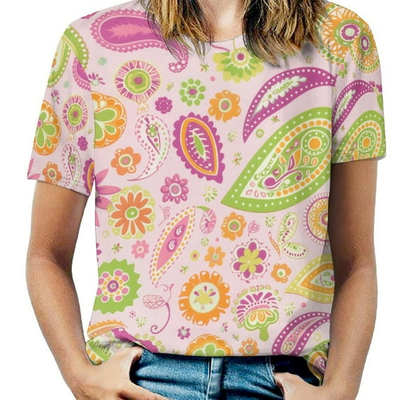 Pink Paisley Floral Vibrant Pattern Design Womens Tops Women's Fashion Casual Short Sleeve Flower Print Round Neck Pullover Top Blouse