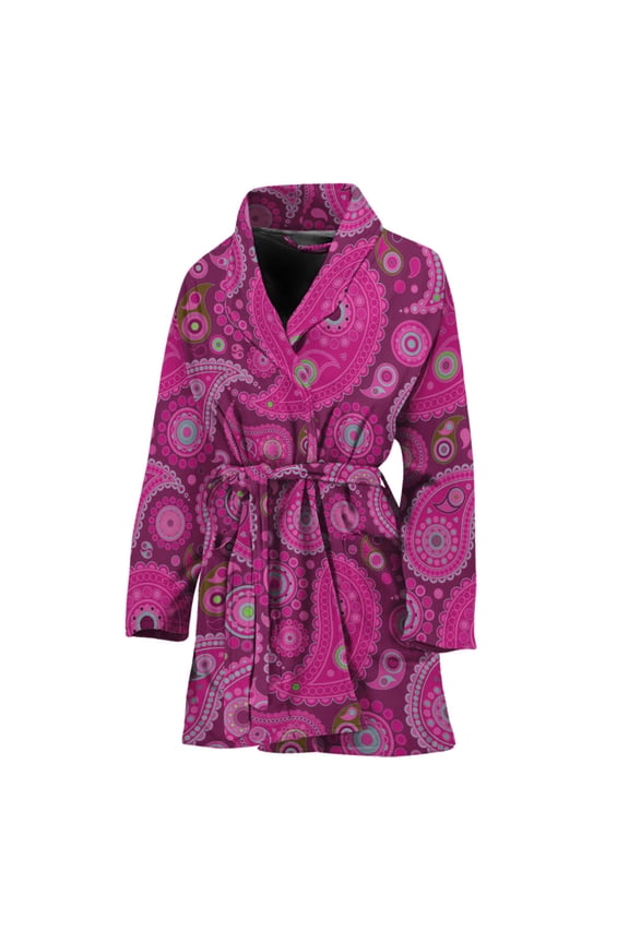 Pink Paisley Pattern Women Bathrobe One Size Univeral Fits, Bohemian Mandala Yoga Boho Fashion Lightweight Plush Fleece Long Robe For Women
