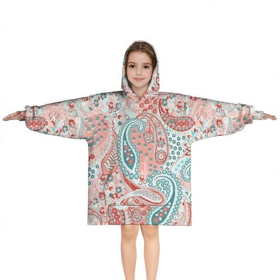 Pink Paisley and Floral Pattern Blanket Hoodies for Kids 6-13YR Oversize Wearable Blanket Hoodies for Boys Girls Teens
