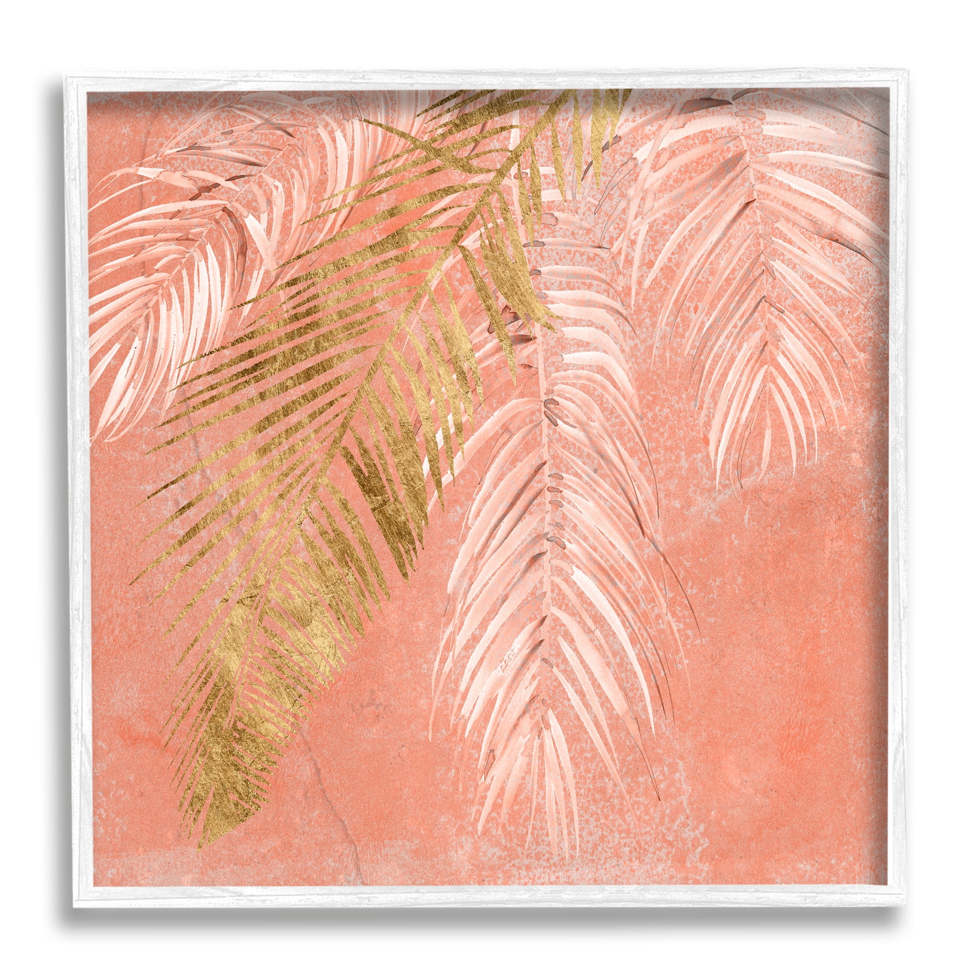 Pink Palm Fronds Distressed Tropical Plant Still Life Landscape Framed Art Print Wall Art, 17x17