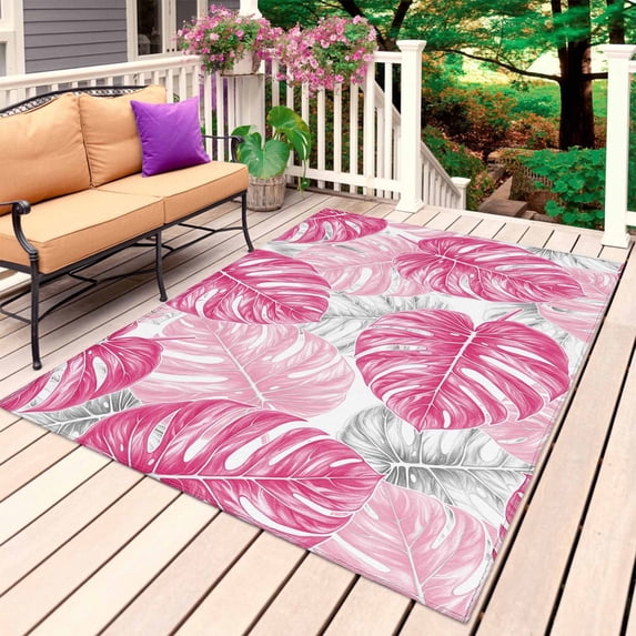 Pink Palm Leaf Outdoor Rug 6x9 Ft, Non Slip Washable Area Rug, Tropical Vintage Grey Summer Plant Patio Rugs Carpet Runner, Large Floor Mat for Indoor/Outdoor Deck Porch Camping