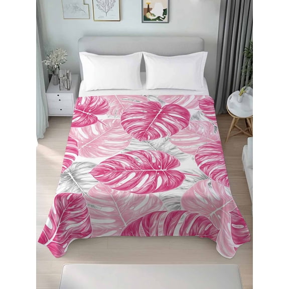 Pink Palm Leaf Queen Size Flat Sheet, Wrinkleproof & Fadeproof Cooling Flat Bed Sheet Only, Tropical Vintage Grey Summer Plant Breathable Soft Bedding Top Sheets 90 x 102 Inches