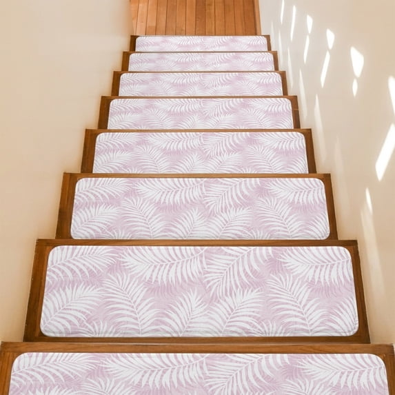 Pink Palm Leaf Stair Treads Non Slip for Steps Country Coastal Tropical Boho Beach Tree Leaves 10 Pcs Reusable Adhesive Stair Runner Mats for Dogs Elders Carpet Treads Rugs for Staircase 8x30 In