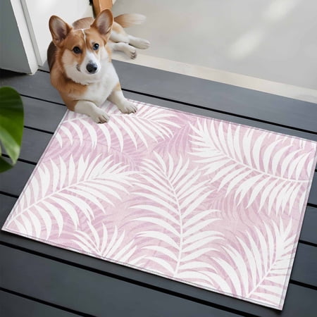 Pink Palm Leaf Washable Entry Rug 2x3 Country Coastal Tropical Boho Beach Tree Leaves Low Pile Indoor Door Mat with Rubber Backing Thin Area Rug for for Entrance, Bedroom, Kitchen, Laundry, Bathroom