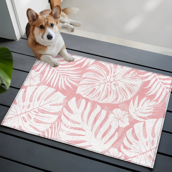 Pink Palm Leaves Washable Entry Rug 2x3 Tropical Botanical Modern Minimalist Low Pile Indoor Door Mat with Rubber Backing Thin Area Rug for for Entrance, Bedroom, Kitchen, Laundry, Bathroom