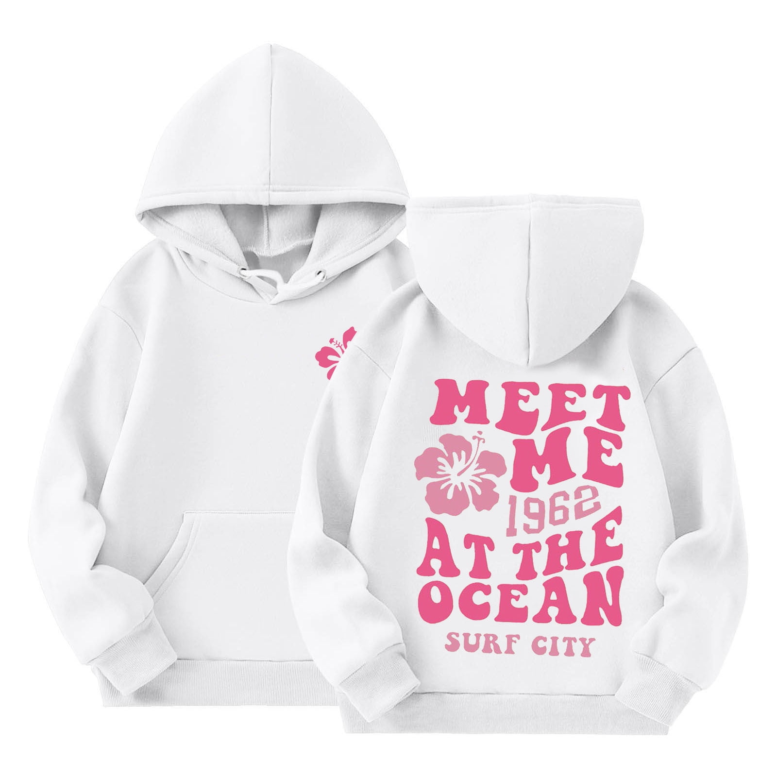 Pink Palm Puff Hoodie For Teens - Cute Embroidered Hibiscus Flower Pullover, Oversized Fit