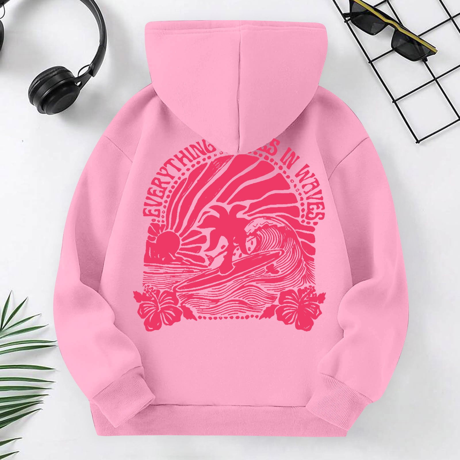 Pink Palm Puff Hoodie Kids Girls Sweatshirt Long Sleeve Letter Print ...