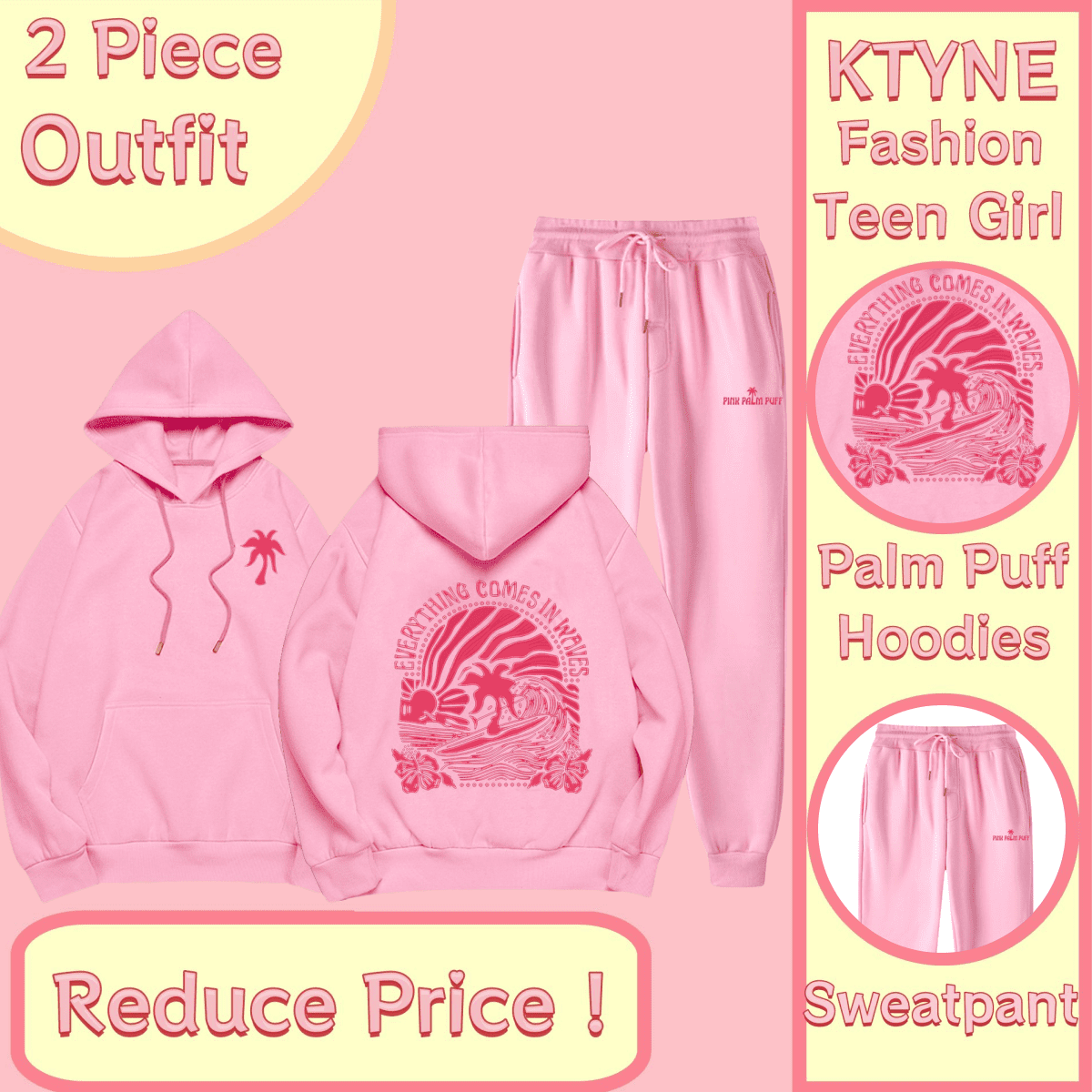 Palm Puff Hoodie Set for Teen Girls Fall Preppy Graphic Letter Print