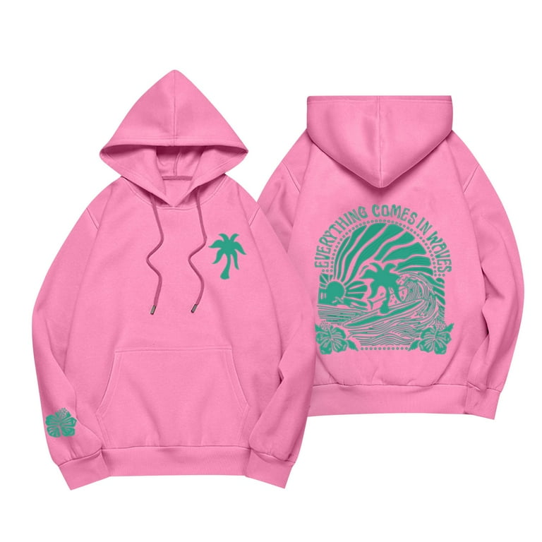Pink Palm Puff Hoodie for Women Men 2024 Pink Graphic Hoodie Cute Preppy Sweatshirt Long Sleeve Drawstring Tops With Pockets everything comes in waves Walmart