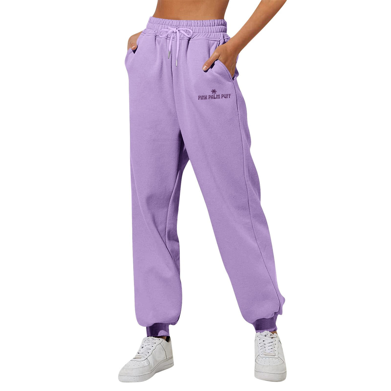 Pink Palm Puff Sweatpants for Women Fleece High Waisted Cute Preppy Pants Wide Leg Active Joggers Pants Pink Graphic Workout Trousers with Pockets purple XX Large Walmart