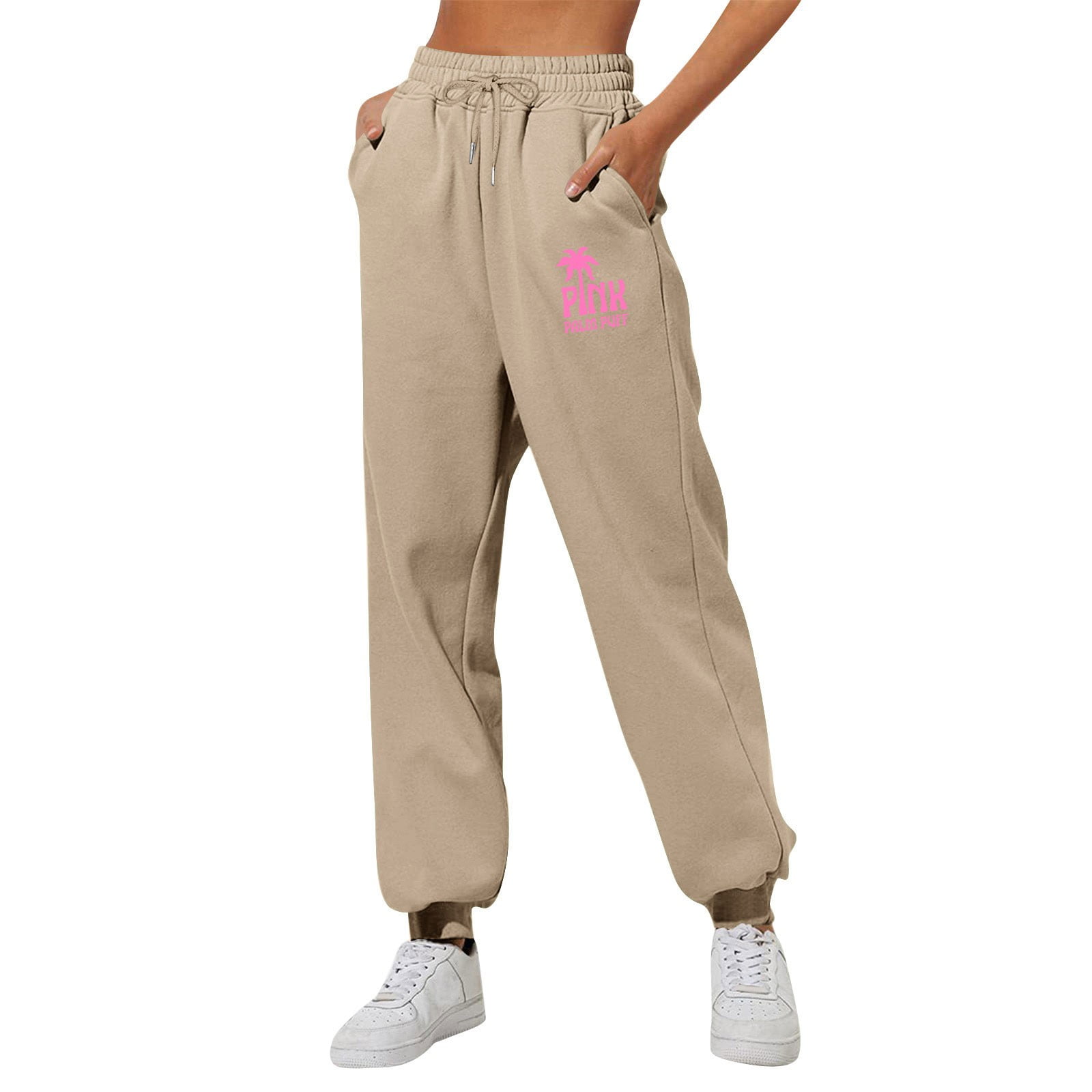 Pink Palm Puff Sweatpants for Women Fleece High Waisted Cute Preppy Pants Wide Leg Workout Trousers Pink Graphic Active Joggers Pants with Pockets camel 3X Large Walmart