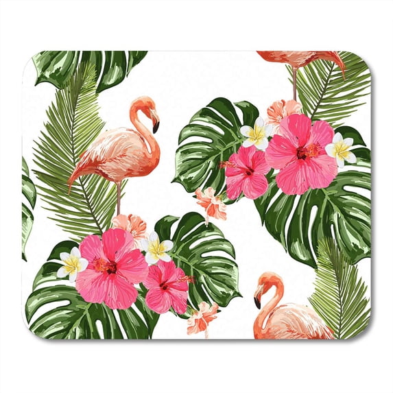 Pink Palm Summer Tropical Pattern Flamingo Exotic Flowers Leaves Blue Paradise Mousepad Mouse Pad Mouse Mat 9x10 inch