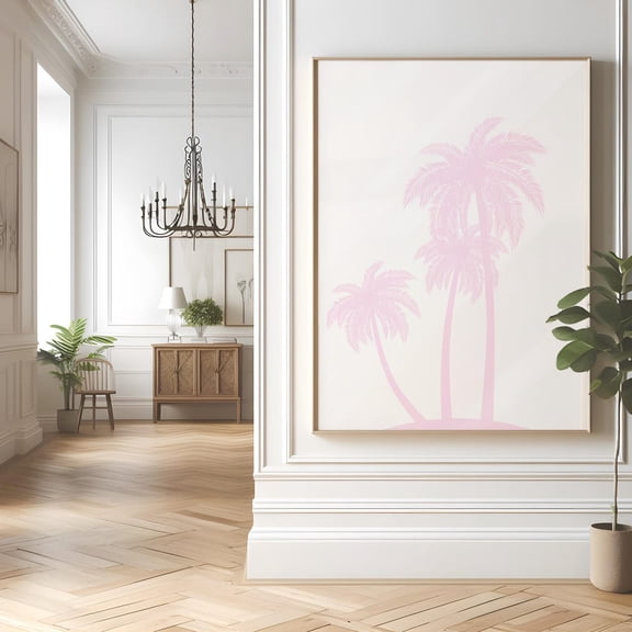 Pink Palm Tree Art Print Boho Beach Cute Summer Decor, Stretched Canvas 8x10in