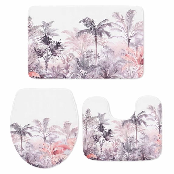Pink Palm Tree Bath Mat 3 Piece Bathroom Rug Set, Forest Tropical Plants Flower Leaf Non Slip Bath Rug Contour Mat and Toilet Lid Cover, Absorbent Shower Mats Soft Bath Rugs and Mats Sets