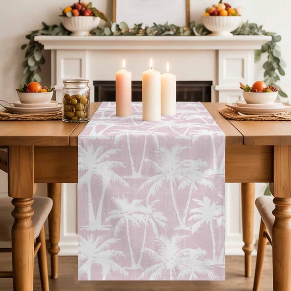 Pink Palm Tree Dining Table Runner, Summer Tropical Country Vintage Silver Tree Leaf Washable Table Runners Kitchen Coffee Table Center Decor for Home Party Holiday Wedding 13 x 36 Inches