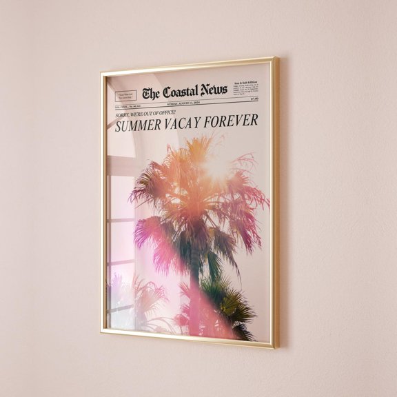 Pink Palm Tree Newspaper Print California Coastal Art