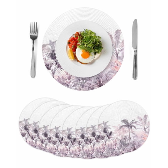 Pink Palm Tree Round 15 Inch Placemats Set of 8, Forest Tropical Plants Flower Leaf HeatResistant Non Slip Place Mats for Dining Table, Wipeable Braided Kitchen Table Mats for Housewarming