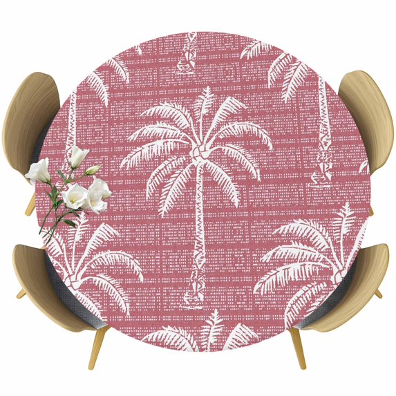 Pink Palm Tree Round Tablecloth 45-54 Inch Round Fitted Table Cloth with Elastic Edge, Summer Botanical Tropical Tree Waterproof Table Cover Protector for Outdoor Picnic Party Dining