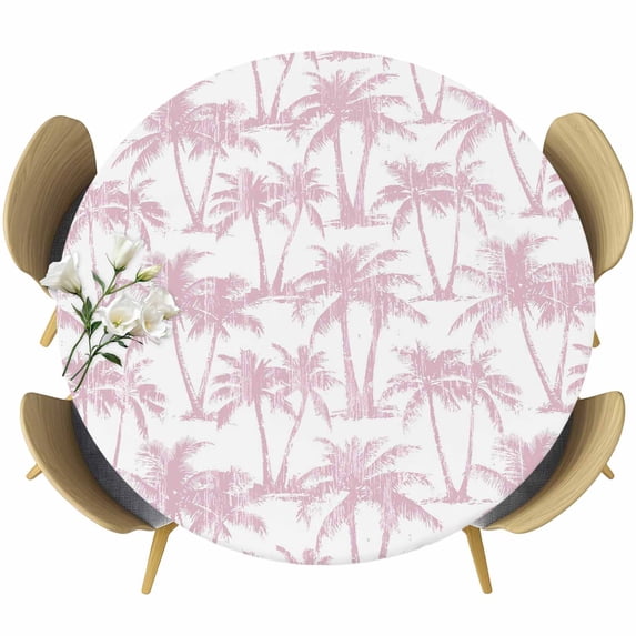Pink Palm Tree Round Tablecloth 55-60 Inch Round Fitted Table Cloth with Elastic Edge, Summer Tropical Tree Coastal Beach Waterproof Table Cover Protector for Outdoor Picnic Party Dining