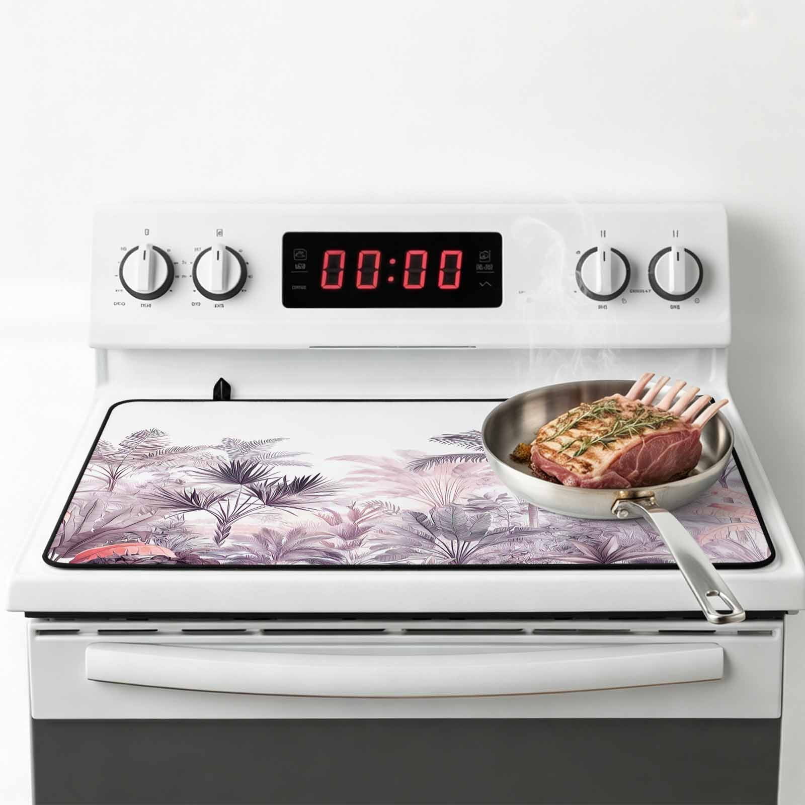 Pink Palm Tree Stove Top Cover for Electric Stove, Heat-proof & Non Slip Glass Top Stove Cover Protector, Forest Tropical Plants Flower Leaf Kitchen Flat Cooktop Rubber Mat 28.5x20.5 Inches